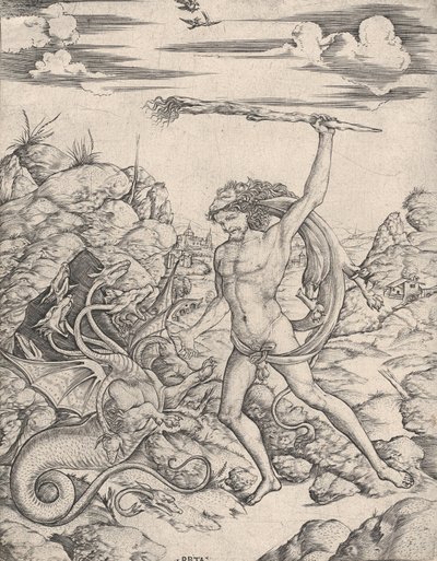 Hercules ja Hydra, soihtua käyttäessään, hän hyökkää siivekkääseen, monipäiseen Hydr..., n. 1500-1520. tekijältä Cristofano di Michele Martini