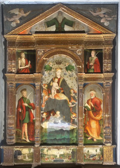 Kruunattu Madonna ja lapsi enkelien kanssa, Pyhä Paavali, Pyhä Pietari tekijältä Cristoforo (fl.1525 1578) & Pancalino Raffaele (fl.1514 1573) Pancalino
