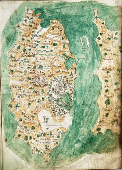 Khioksen ja sen lähiympäristön kartta, noin 1420 (Vellum). tekijältä Cristoforo Buondelmonti