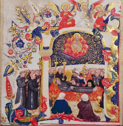 Asuttu alkukirjain "A", joka kuvaa Pyhän Fransiskuksen hautajaisia, noin 1410. tekijältä Cristoforo Cortese