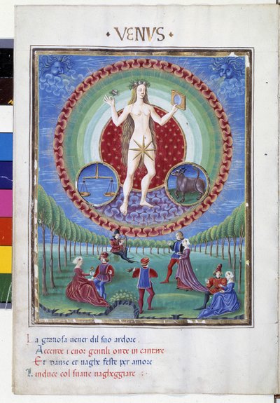 Mukana tasapainon ja härän horoskooppimerkit. Alakerrassa mahtavat kohtaukset. Pienoiskuva, jonka on tehnyt Cristoforo de Predis (v. 1440-v. 1486) - "" De Sphaera""" d