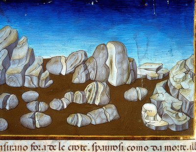 Maailmanloppu: maanjäristys tuhoaa maailman (n. 148v). 1476 tekijältä Cristoforo De Predis