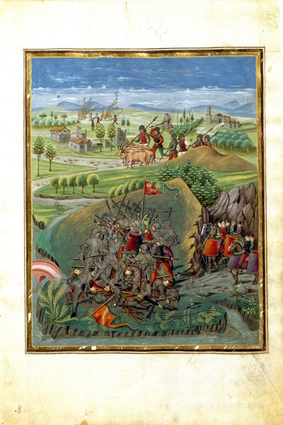 Maaliskuun planeetan vaikutus: sotakohtaus (miniatyyri, n. 1470) tekijältä Cristoforo De Predis