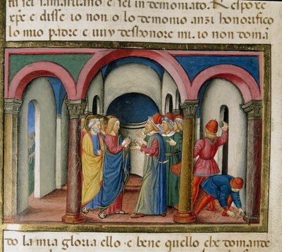 Juutalaiset käsittelivät Jeesusta lähellä Salomon temppeliä, jotka pyysivät häntä todistamaan hänen pienoishenkilöllisyytensä Cristoforo De Predis (1440-1486) Uuden testamentin historian jälkeen tekijältä Cristoforo De Predis