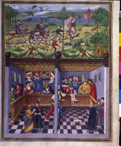 Maaliskuun vaikutus: metsästys ja tuomioistuin. Miniatyyri, jonka on tehnyt Cristoforo de Predis (v. 1440-v. 1486) - "" De Sphaera""" d