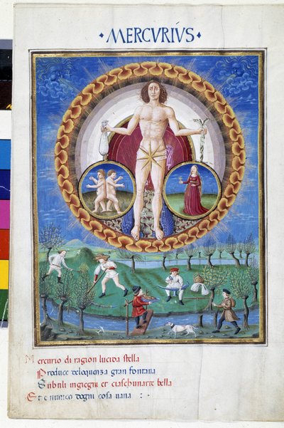 Merkurius Neitsyen ja Gemelien horoskooppimerkeillä. Alakerrassa talonpojat pelloilla. Miniatyyri, jonka on tehnyt Cristoforo de Predis (v. 1440-v. 1486) - "" De Sphaera""" d