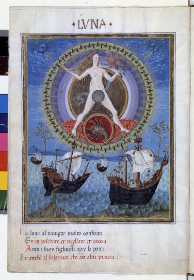 Kuu, jonka horoskooppimerkki on syöpä. Alakerrassa, veneet nousevan mareen aikana. Cristoforo de Predisin (v. 1440-v. 1486) tekemä miniatyyri - teoksessa "De Sphaera" d