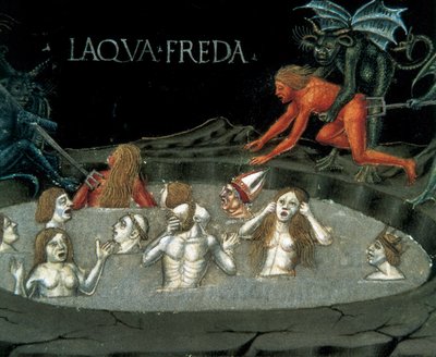 Esitys alamaailman ympyrästä: damnes kylmässä vedessä. Cristoforo De Predisin (1440-1486) pienoismalli Uuden testamentin historiasta tekijältä Cristoforo De Predis