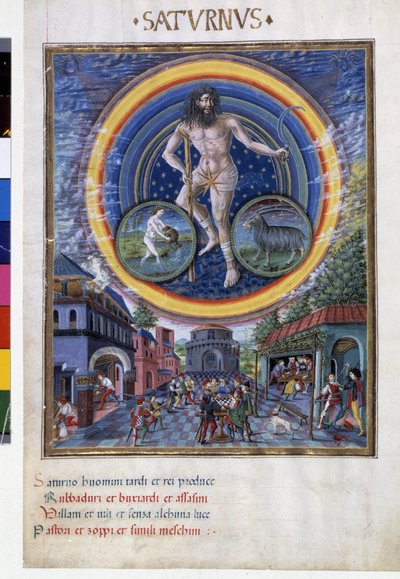 Saturnus, jossa on vesimiehen ja kauriin horoskooppimerkkejä. Alakerrassa pelikohtaukset ja sen vaikutus miehiin. Miniatyyri, jonka on tehnyt Cristoforo de Predis (v. 1440-v. 1486) - "" De Sphaera""" d