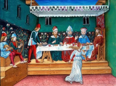 Herodeksen juhlan aikana Salome luovuttaa Johanneksen (n. 144r) pään. 1476 tekijältä Cristoforo De Predis