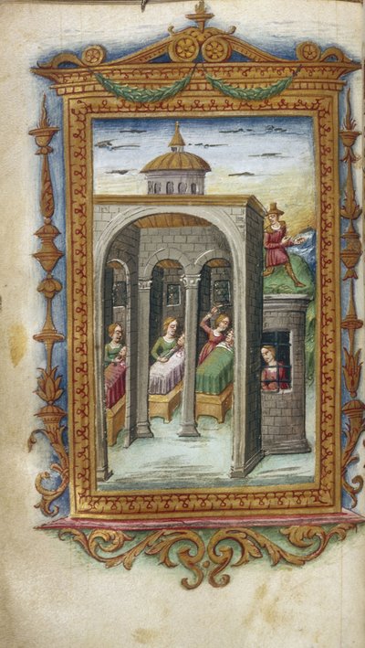 Danausin tyttäret murhaavat aviomiehensä. Hypermnestra vankilassa Kuvitus Ovidiuksen Heroideille, 1485-1499 tekijältä Cristoforo Majorana