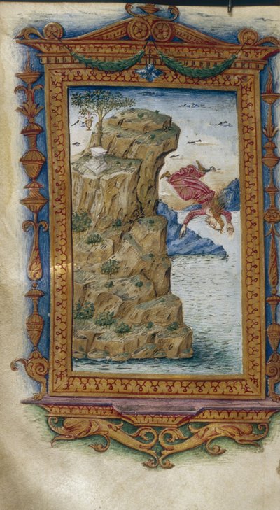 Sappho heittäytyy mereen Kuvitus Ovidiuksen sankareille, 1485-1499 tekijältä Cristoforo Majorana