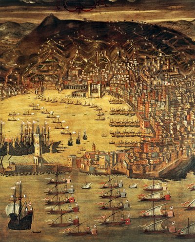 Näkymä Genovaan ja sen satamaan, Cristoforo Grassin maalaus (1565-1598), Italia tekijältä Cristoforo de Grassi