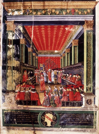 Ludovic Marie Sforza dit le Moren induktio (Ludovico Maria Sforza nimeltä il Moro) (1452-1508) - valaistus kardinaali Arcimboldin messaalista, jonka on tehnyt kuuluisa miniaturisti Cristoforo de Predis. Capitular Library, Milano. tekijältä Cristoforo De Predis