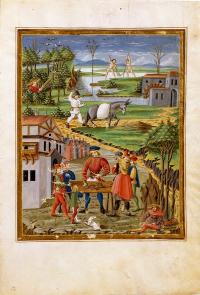 Kuun vaikutus: kalastuksen, metsästyksen ja maatalouden kohtaus (pienoiskuva, n. 1470) tekijältä Cristoforo De Predis