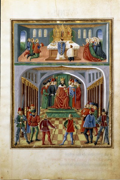 Auringon vaikutus: ajalliset voimat (kuningas ennen hovimiehiä) ja hengelliset voimat (pappi palvelee kirkossa). (pienikokoinen, n. 1470) tekijältä Cristoforo De Predis