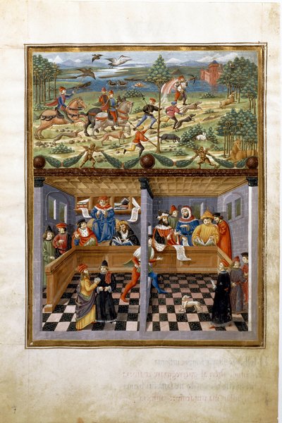 Jupiterin vaikutus: metsästys ja tuomioistuin. (pienikokoinen, n. 1470) tekijältä Cristoforo De Predis