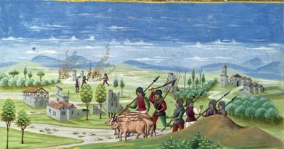 Ryöstely sodan aikana. yksityiskohta "" Sun Influence "": Sota. Miniatyyri, jonka on tehnyt Cristoforo de Predis (v. 1440-v. 1486) - "" De Sphaera""" d