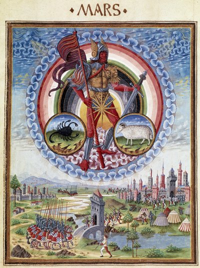 Mars, jossa on skorpionin ja uskovan horoskooppimerkkejä. Alakerrassa taistelukohtaukset. Miniatyyri, jonka on tehnyt Cristoforo de Predis (v. 1440-v. 1486) - "" De Sphaera""" d
