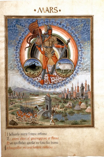 Mars, jossa on skorpionin ja uskovan horoskooppimerkkejä. Taistelukohtaukset. (pienikokoinen, n. 1470) tekijältä Cristoforo De Predis