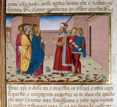 Fariseus Nikodema vierailee Jeesuksen pienoismallissa, kirjoittanut Cristoforo De Predis (1440-1486) Uuden testamentin historian jälkeen (58) tekijältä Cristoforo De Predis