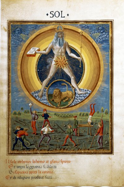 Aurinko leijonan horoskoopilla. Kohtauksia miesten fyysisistä harjoituksista. (pienikokoinen, n. 1470) tekijältä Cristoforo De Predis