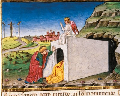 Apostolit Pietari ja Johannes löytävät tyhjän Kristuksen haudan Leggendario Sforza-Savoiasta tekijältä Cristoforo De Predis