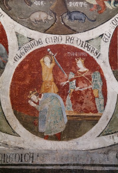 Persian kuninkaan Kyruksen kuolema, yksityiskohta teoksesta The Wheel of Barlaam (Barlaamin pyörä) tekijältä Cristoforo di & Piero Meo di Bindoccio