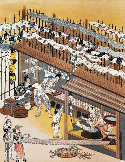 Käsityöläiset töissä, silkkikankaiden maalaus, Edo-kausi (1600-1868) tekijältä Culture Edo