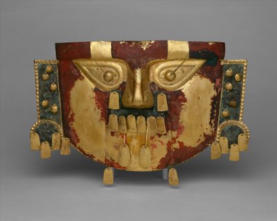 Perulainen hautausnaamio, 900-1100 jKr (kulta-, hopea-kuparipäällysteet, sinopeli) tekijältä Culture Sicán