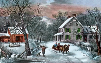 American Homestead talvella, 1868 tekijältä Currier and Ives