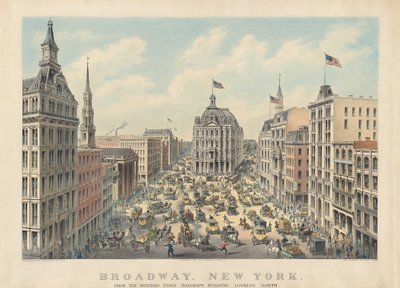 Broadway, New York: Western Union Telegraph -rakennuksesta katsoen pohjoiseen tekijältä Currier and Ives