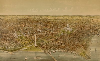 Washingtonin kaupunki (lintuperspektiivistä Potomacista pohjoiseen katsottuna) tekijältä Currier and Ives