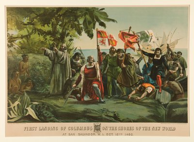 aKolumbuksen ensimmäinen laskeutuminen uuden maailman rannoille tekijältä Currier and Ives
