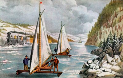 Jäävenekilpailu Hudson-joella, 1800-luku. tekijältä Currier and Ives