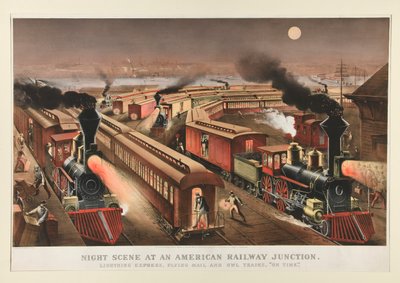 Yökohtaus Amerikan rautatieristeyksessä tekijältä Currier and Ives