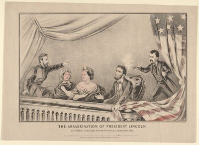 Presidentti Lincolnin salamurha Fords Theatressa, Washington D.C.:ssä, 14. huhtikuuta 1865, 1865. tekijältä Currier and Ives