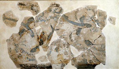 Kykladien taide: freskon fragmentti, joka kuvaa lentäviä kaloja (meripääskysiä). Phylakopin (Meloksen saari) paikalta 2500 eKr. Dim. 23 cm Athenes, valtakunnallinen arkeologinen museo - Kykladien taide: lentäviä kaloja (tiiraa) kuvaavan freskon fragmentit tekijältä Cycladic