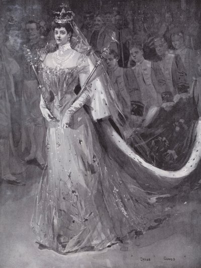 Kuningatar Alexandra lähtee Westminster Abbeystä Lontoosta hänen ja kuningas Edward VII:n kruunauksen jälkeen tekijältä Cyrus (after) Cuneo