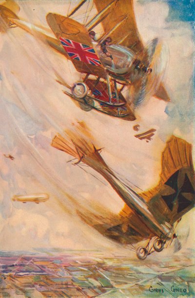 Brittiläinen kaksitaso kaatamassa saksalaisen Tauben, vuodelta 1916 1928 tekijältä Cyrus Cuneo