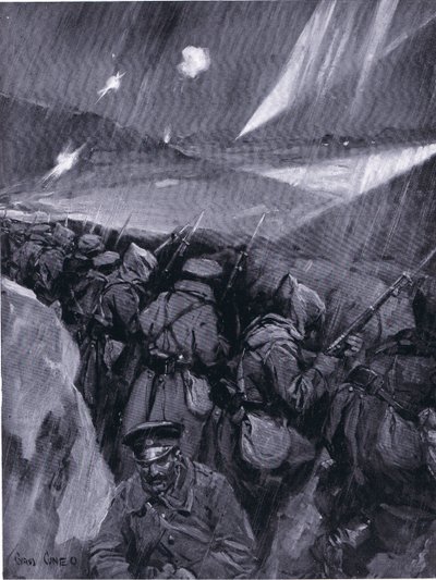 Adrianopolia piirittävät bulgarialaiset (1912-1913) Balkanin sota, Hutchinsonin kirjasta Kansakuntien historia (Nide 4), jonka on julkaissut Hutchinson, n. 1920 (litho) tekijältä Cyrus Cuneo