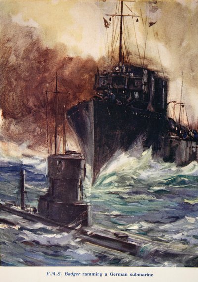 "HMS Badger ramming a German sukellusvene", kuva "Told in the Huts: The YMCA Gift Book", julkaistu 1916 tekijältä Cyrus Cuneo
