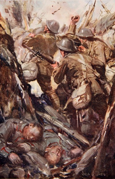 "He pommittivat ja pommittivat tiensä ylös vihollisen juoksuhaudoille", kuva "Told in the Huts: The YMCA Gift Book", julkaistu 1916. tekijältä Cyrus Cuneo