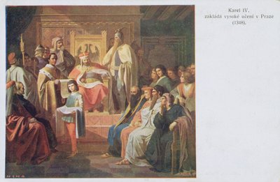 Kaarle IV perusti Prahan saksalaisen yliopiston vuonna 1348, 1900-luvun alun postikortti tekijältä Czech School
