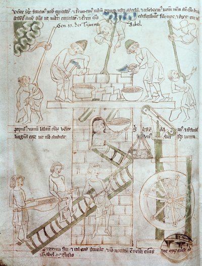 Ms 23 C 124 fol.3 Baabelin tornin rakentaminen, Velislavin Raamatusta, n. 1340 tekijältä Czech School