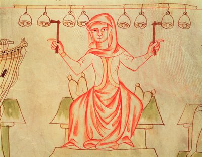 Mx XXIII C.124 Kelloja soittava muusikko, Velislavin Raamatusta, n. 1340 tekijältä Czech School