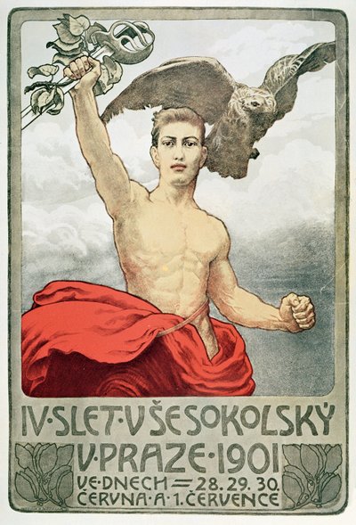 Juliste, joka mainostaa Prahassa vuonna 1901 pidettyä Sokolsin 4. yleiskokousta tekijältä Czech School