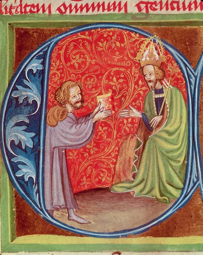 Kirjoittaja, joka tarjoaa kirjansa Charles IV:lle (1316-1378) Bohemiasta, Pietro de Crescenzin (1230-1321) Opus Ruralium Commodorumista tekijältä Czech School