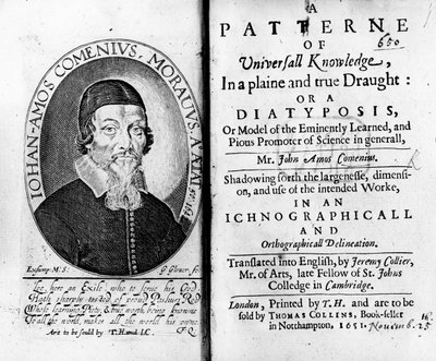 Universaalin tiedon mallin otsikkosivu ja etukappale, mukaan lukien muotokuva Jan Amos Komenskysta, kaiverrettu George Glover, 1651 tekijältä Czech School