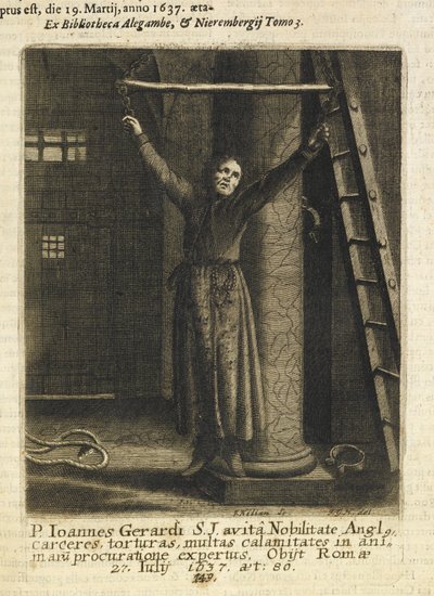 John Gerard, englantilainen jesuiittapappi, ripustettuna ketjuihin Lontoon Towerin vankityrmän seinällä (kaiverrus) tekijältä Czech School
